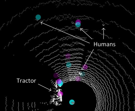 Radar detections overlaid on lidar data